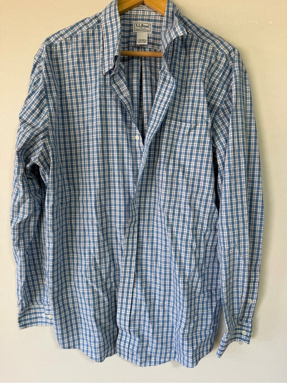 L.L. Bean Men's Light Blue and White Plaid Button-Down Shirt